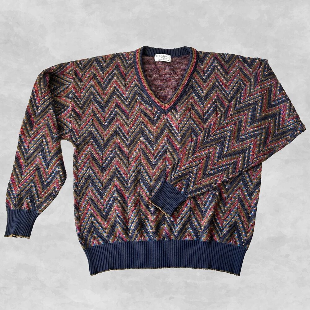 Tricots St Raphael Sweater Men's Large Vintage 90s V Neck Zig Zag Jewel Tones